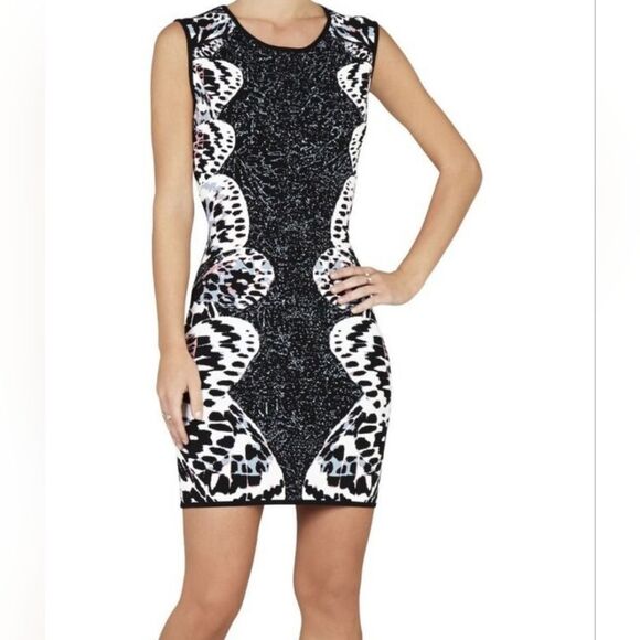 Small BCBGMaxAzria Black White Abstract Artsy Jacquard Dress for Night O… - Picture 1 of 9